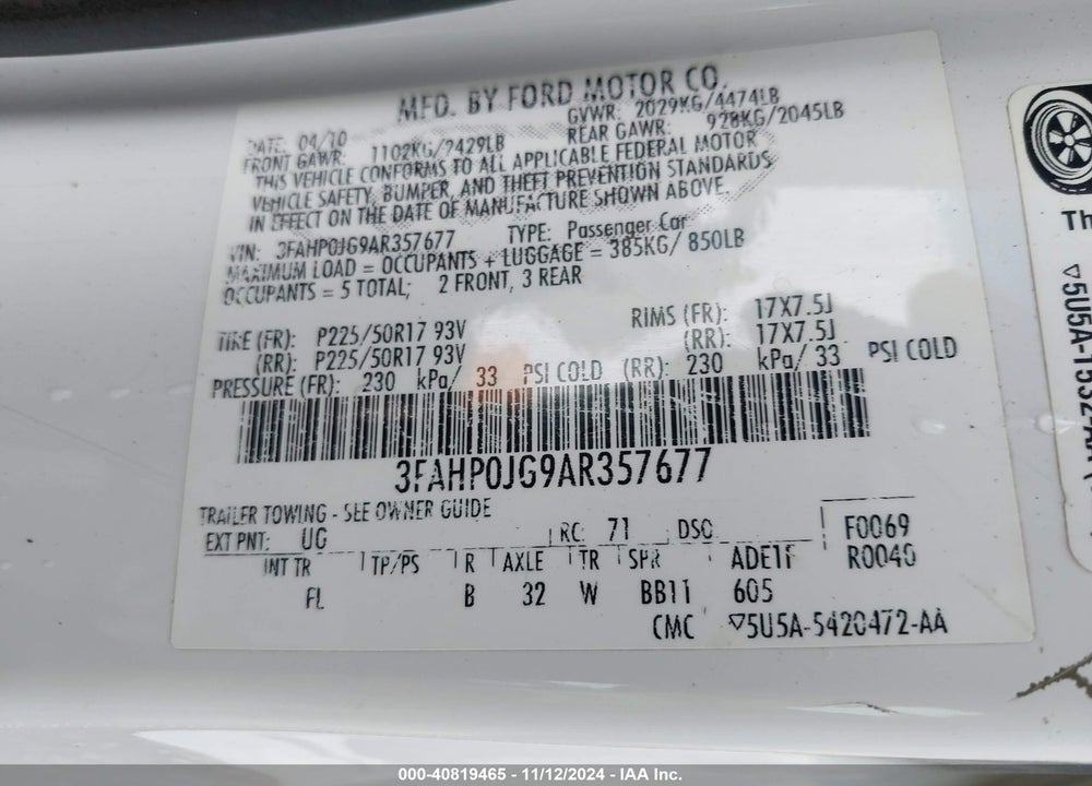 2010 FORD FUSION SEL VIN: 3FAHP0JG9AR357677