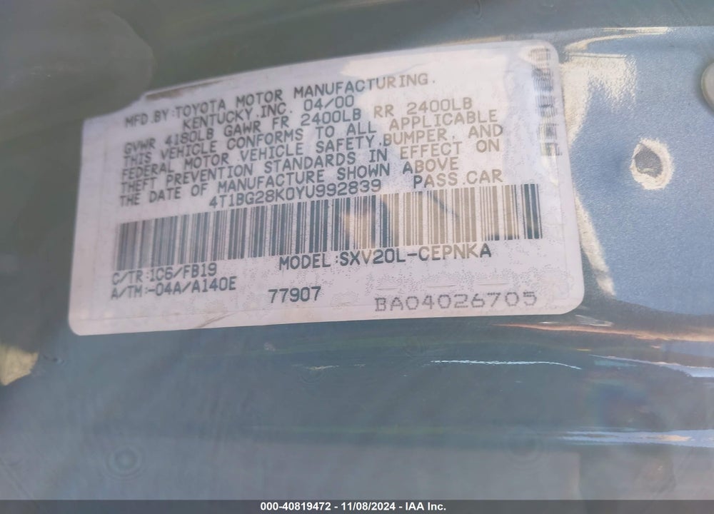 2000 TOYOTA CAMRY LE VIN: 4T1BG28K0YU992839