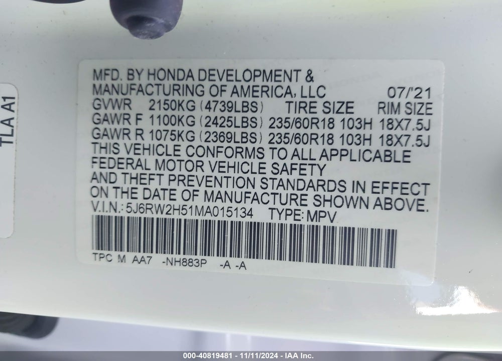 2021 HONDA CR-V AWD EX VIN: 5J6RW2H51MA015134