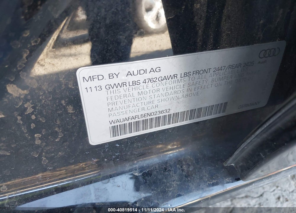 2014 AUDI A4 2.0T PREMIUM VIN: WAUAFAFL5EN023632