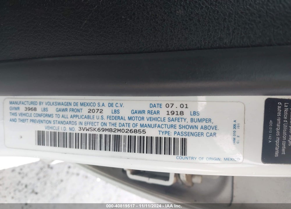 2002 VOLKSWAGEN JETTA GLS VIN: 3VWSK69M82M026855