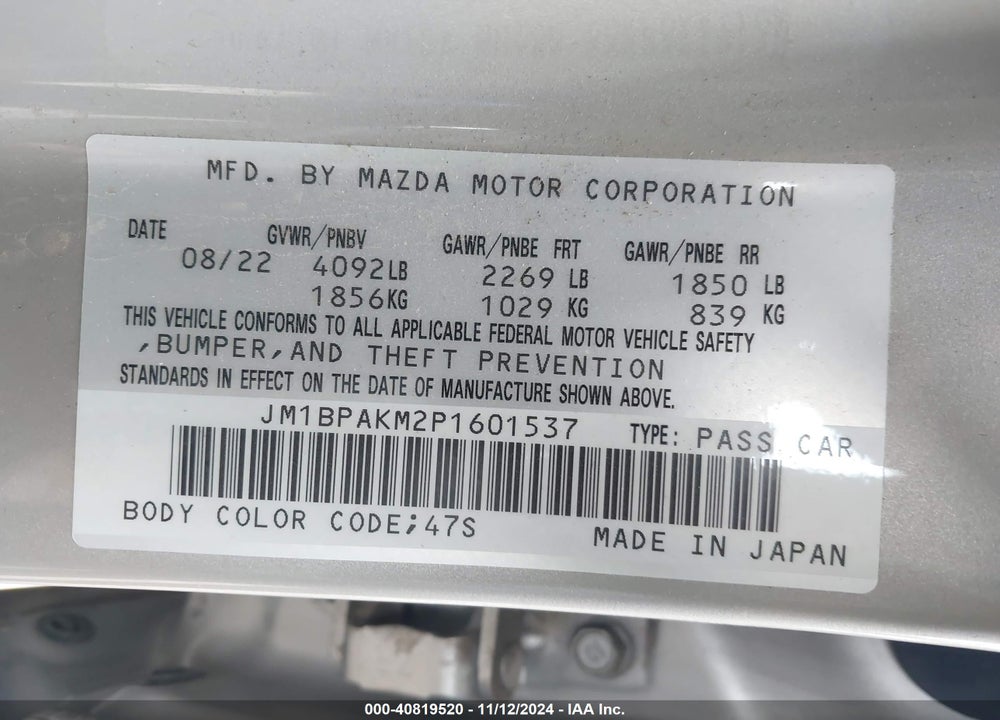 2023 MAZDA 3 2.5 S SELECT VIN: JM1BPAKM2P1601537