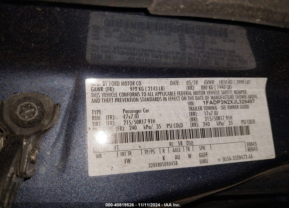 2018 FORD FOCUS TITANIUM VIN: 1FADP3N2XJL326497