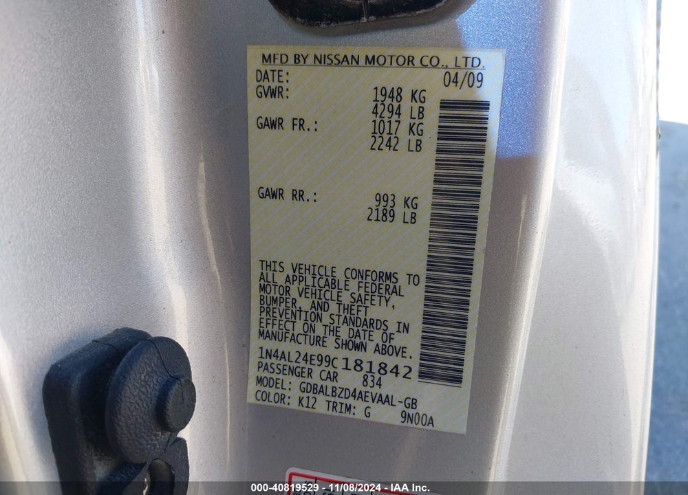 2009 NISSAN ALTIMA 2.5 S VIN: 1N4AL24E99C181842