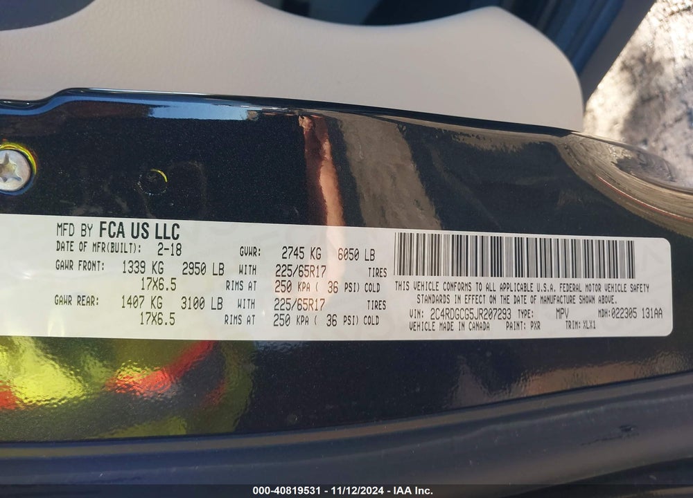 2018 DODGE GRAND CARAVAN SXT VIN: 2C4RDGCG5JR207293