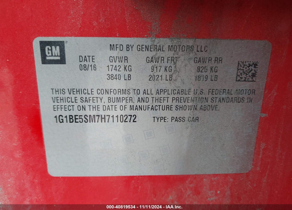 2017 CHEVROLET CRUZE LT AUTO VIN: 1G1BE5SM7H7110272