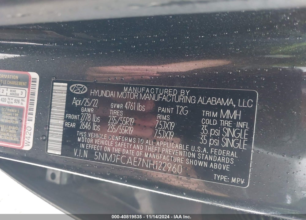 2022 HYUNDAI TUCSON SEL VIN: 5NMJFCAE7NH122960