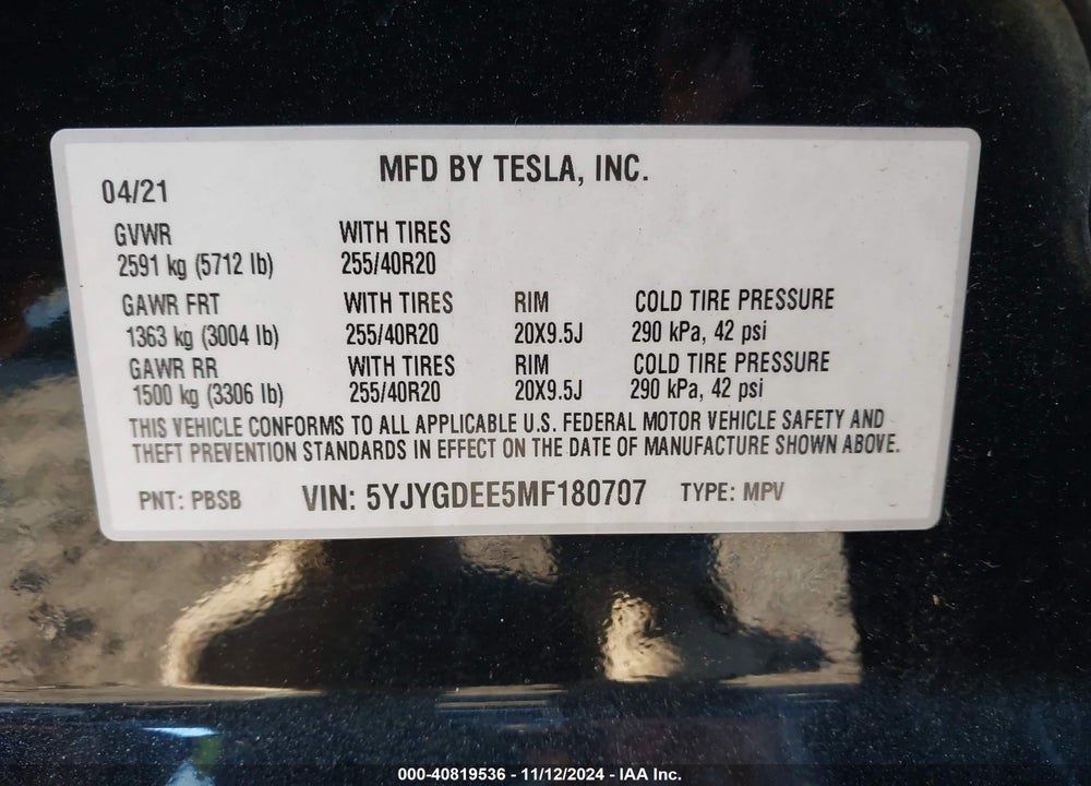 2021 TESLA MODEL Y LONG RANGE DUAL MOTOR ALL-WHEEL DRIVE VIN: 5YJYGDEE5MF180707