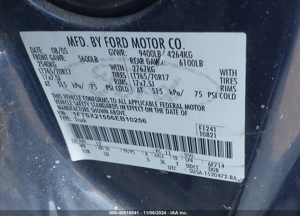 2006 FORD F-250 LARIAT/XL/XLT VIN: 1FTSX21556EB10256