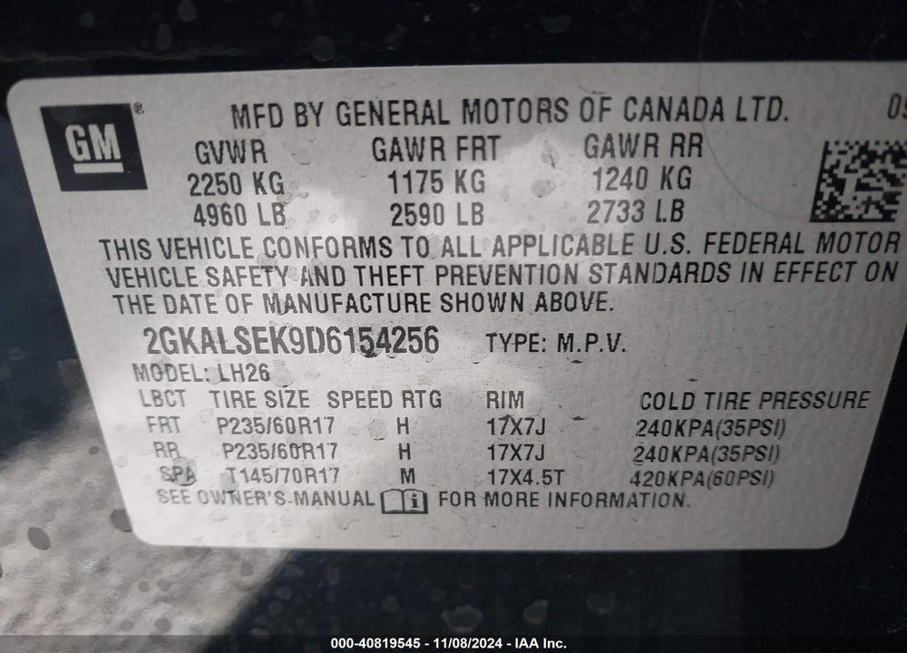2013 GMC TERRAIN SLE-2 VIN: 2GKALSEK9D6154256