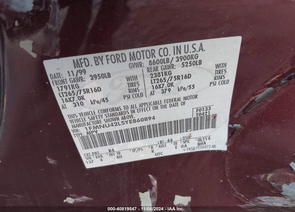 2000 FORD EXCURSION LIMITED VIN: 1FMNU42L5YEB60894