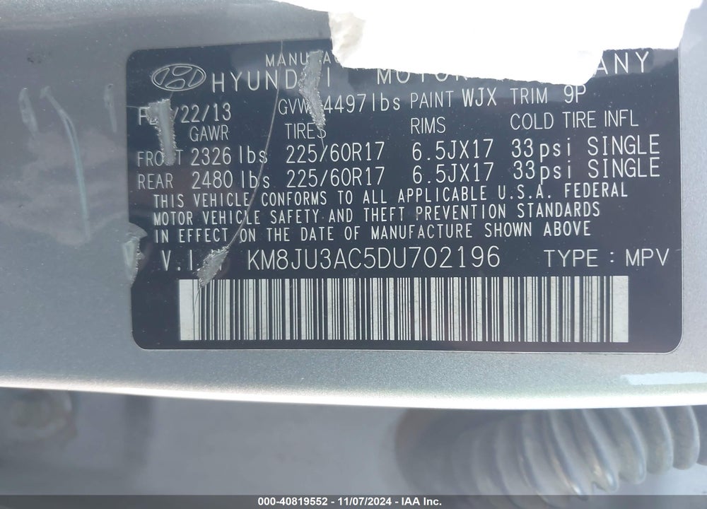 2013 HYUNDAI TUCSON GLS VIN: KM8JU3AC5DU702196