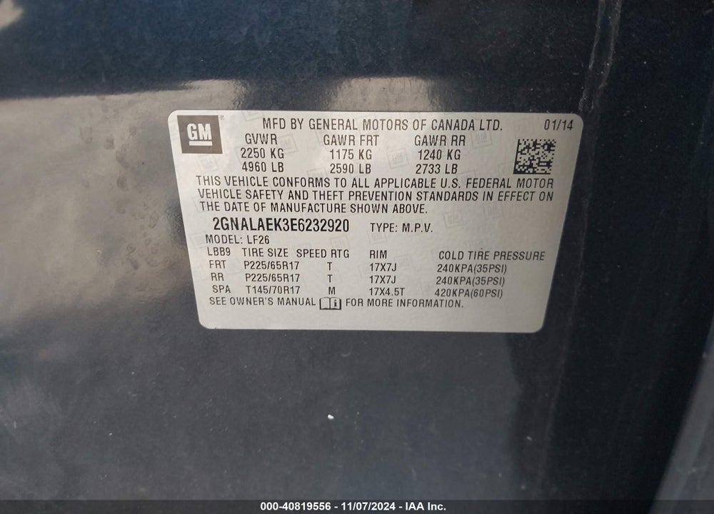 2014 CHEVROLET EQUINOX LS VIN: 2GNALAEK3E6232920