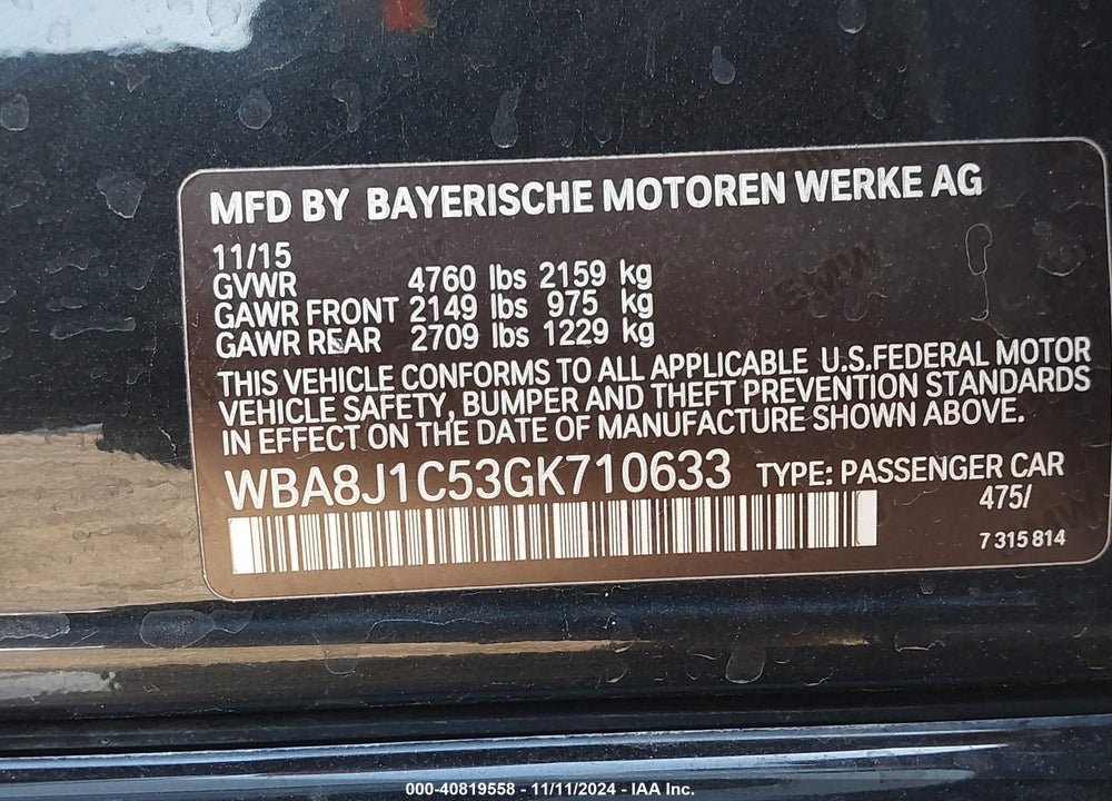 2016 BMW 328D XDRIVE VIN: WBA8J1C53GK710633