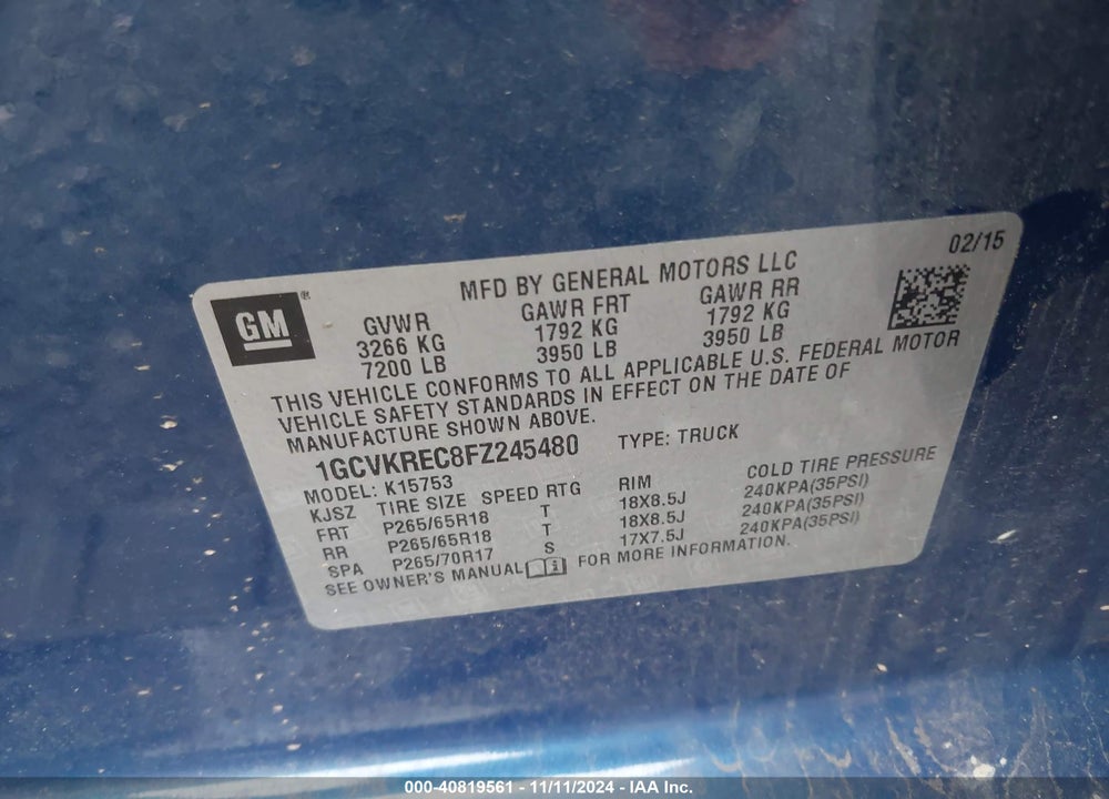 2015 CHEVROLET SILVERADO 1500 2LT VIN: 1GCVKREC8FZ245480