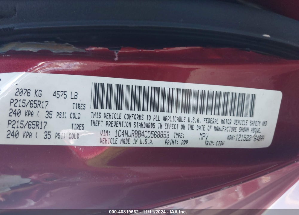 2012 JEEP PATRIOT SPORT VIN: 1C4NJRBB4CD568853