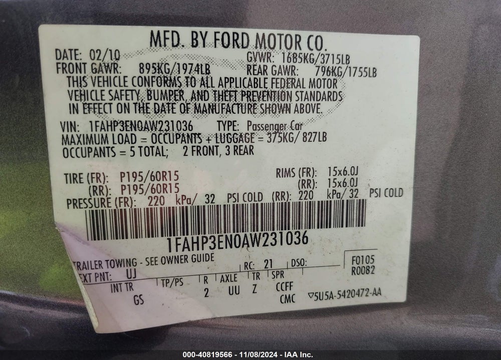 2010 FORD FOCUS S VIN: 1FAHP3EN0AW231036