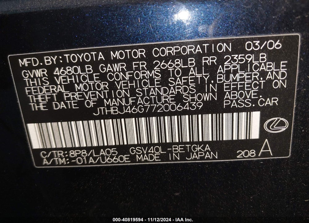 2007 LEXUS ES 350 VIN: JTHBJ46G772006439