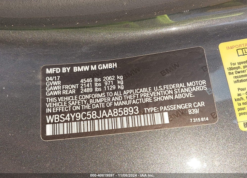 2018 BMW M4 VIN: WBS4Y9C58JAA85893