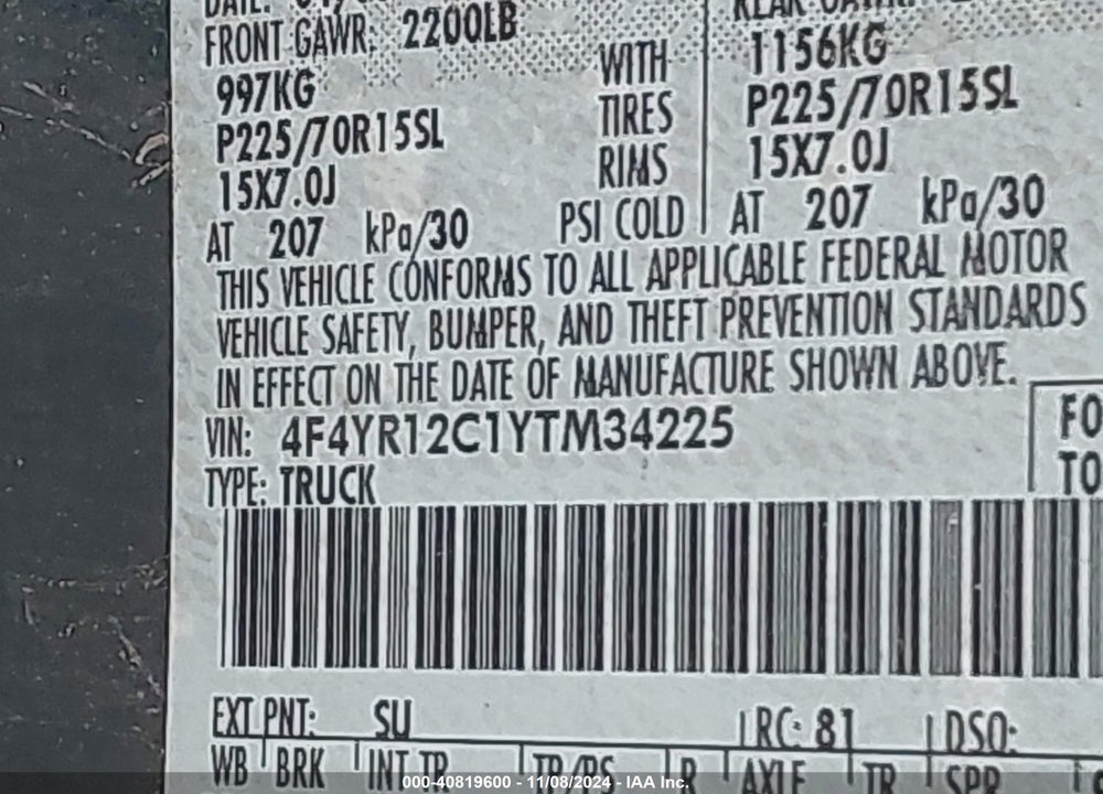 2000 MAZDA B2500 SE/SX VIN: 4F4YR12C1YTM34225