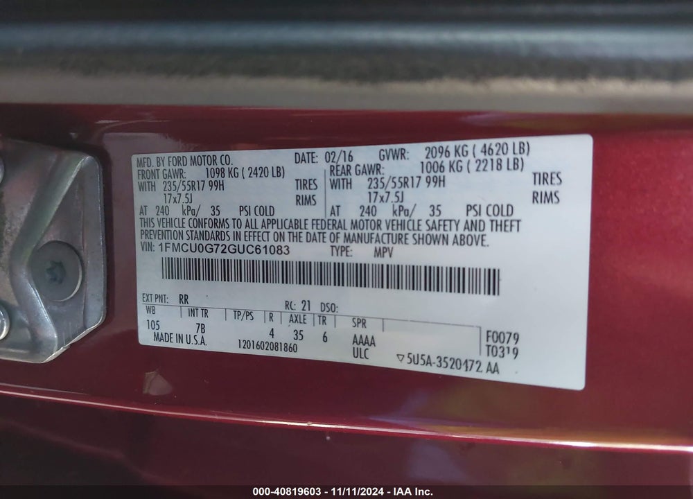 2016 FORD ESCAPE SE VIN: 1FMCU0G72GUC61083