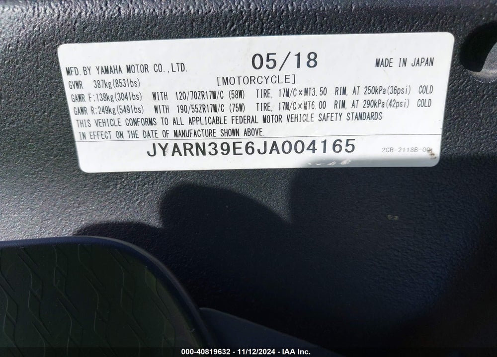 2018 YAMAHA YZFR1 VIN: JYARN39E6JA004165