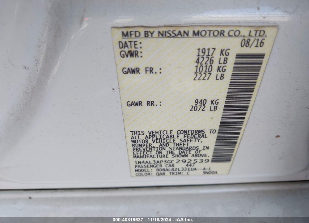 2016 NISSAN ALTIMA 2.5 SL VIN: 1N4AL3AP3GC292539