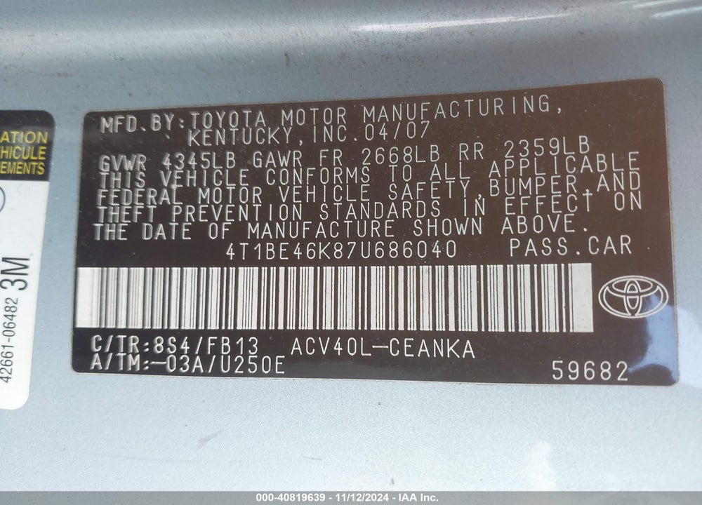2007 TOYOTA CAMRY LE VIN: 4T1BE46K87U686040