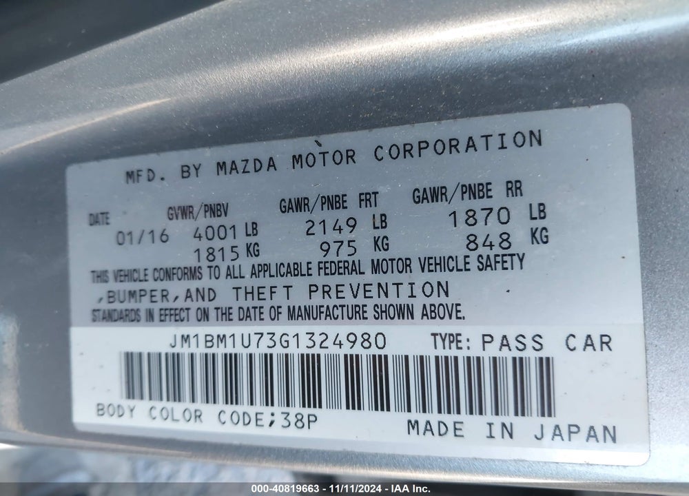 2016 MAZDA 3 I SPORT VIN: JM1BM1U73G1324980