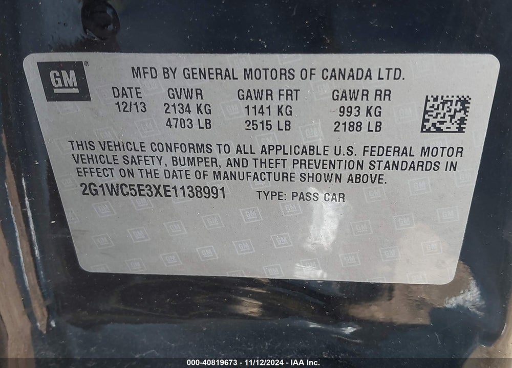 2014 CHEVROLET IMPALA LIMITED LTZ VIN: 2G1WC5E3XE1138991