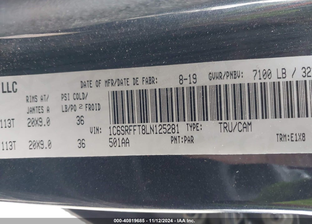 2020 RAM 1500 BIG HORN VIN: 1C6SRFFT8LN125281