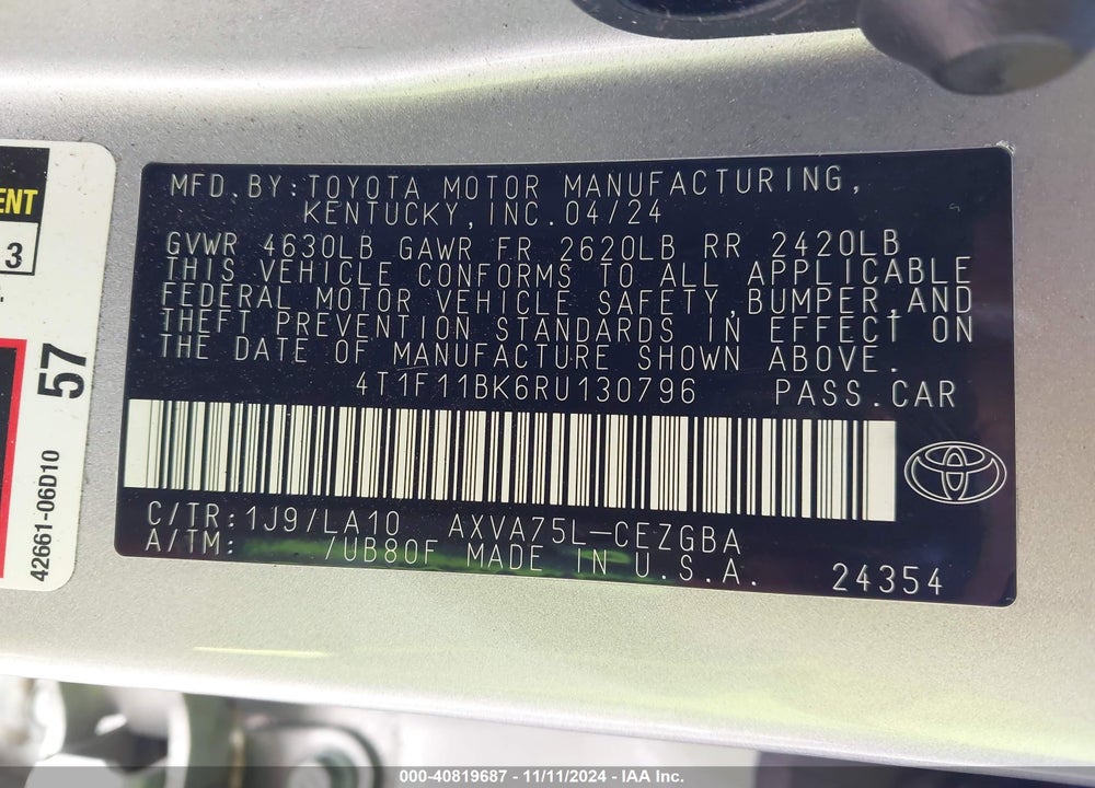 2024 TOYOTA CAMRY VIN: 4T1F11BK6RU130796