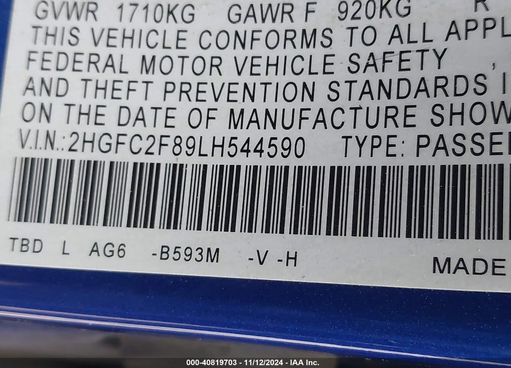 2020 HONDA CIVIC SPORT VIN: 2HGFC2F89LH544590