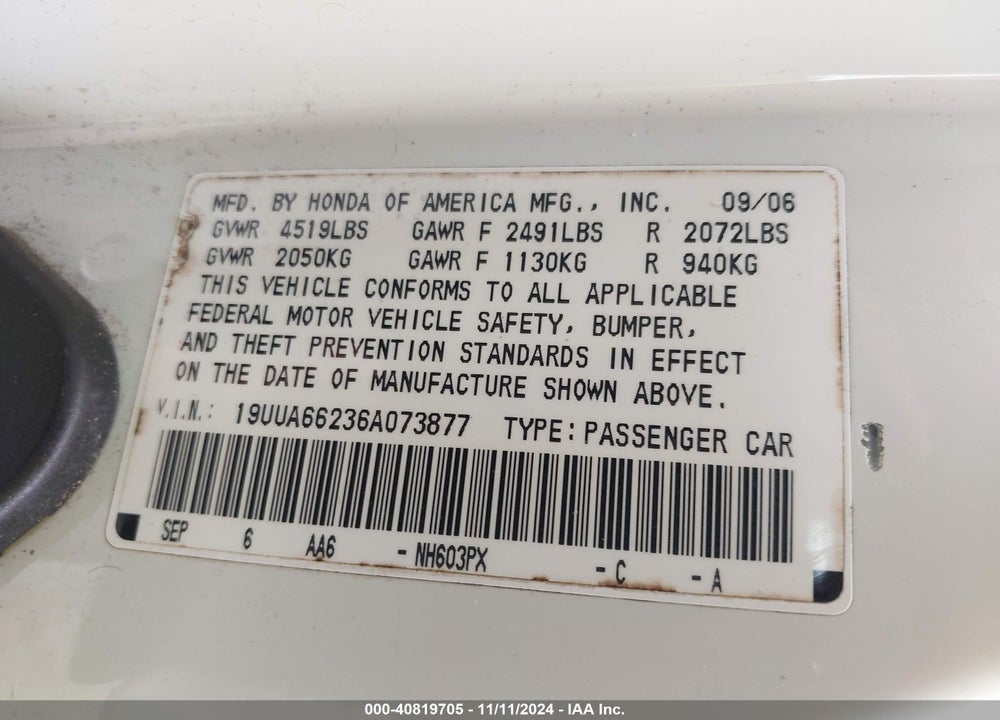 2006 ACURA TL VIN: 19UUA66236A073877