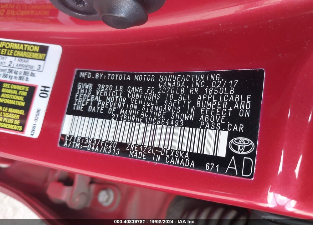 2017 TOYOTA COROLLA SE VIN: 2T1BURHE1HC864493