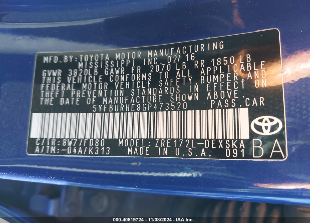 2016 TOYOTA COROLLA S PLUS VIN: 5YFBURHE8GP473520