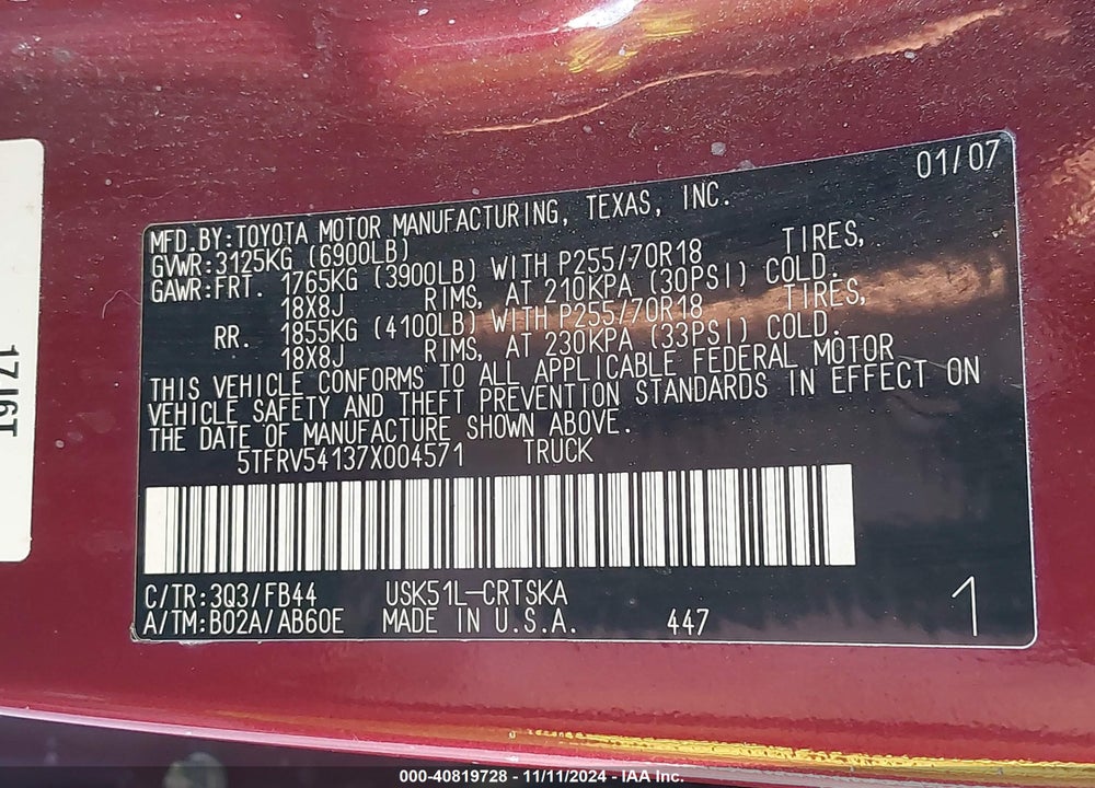 2007 TOYOTA TUNDRA SR5 V8 VIN: 5TFRV54137X004571