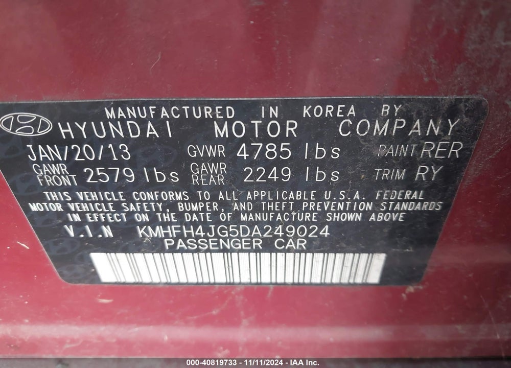 2013 HYUNDAI AZERA VIN: KMHFH4JG5DA249024