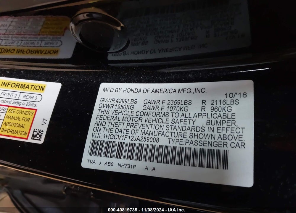 2018 HONDA ACCORD LX VIN: 1HGCV1F12JA259008