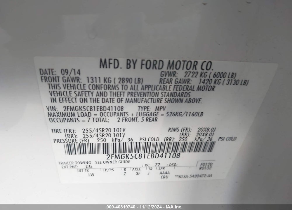 2014 FORD FLEX SEL VIN: 2FMGK5C81EBD41108