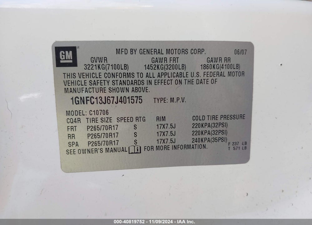 2007 CHEVROLET TAHOE LT VIN: 1GNFC13J67J401575