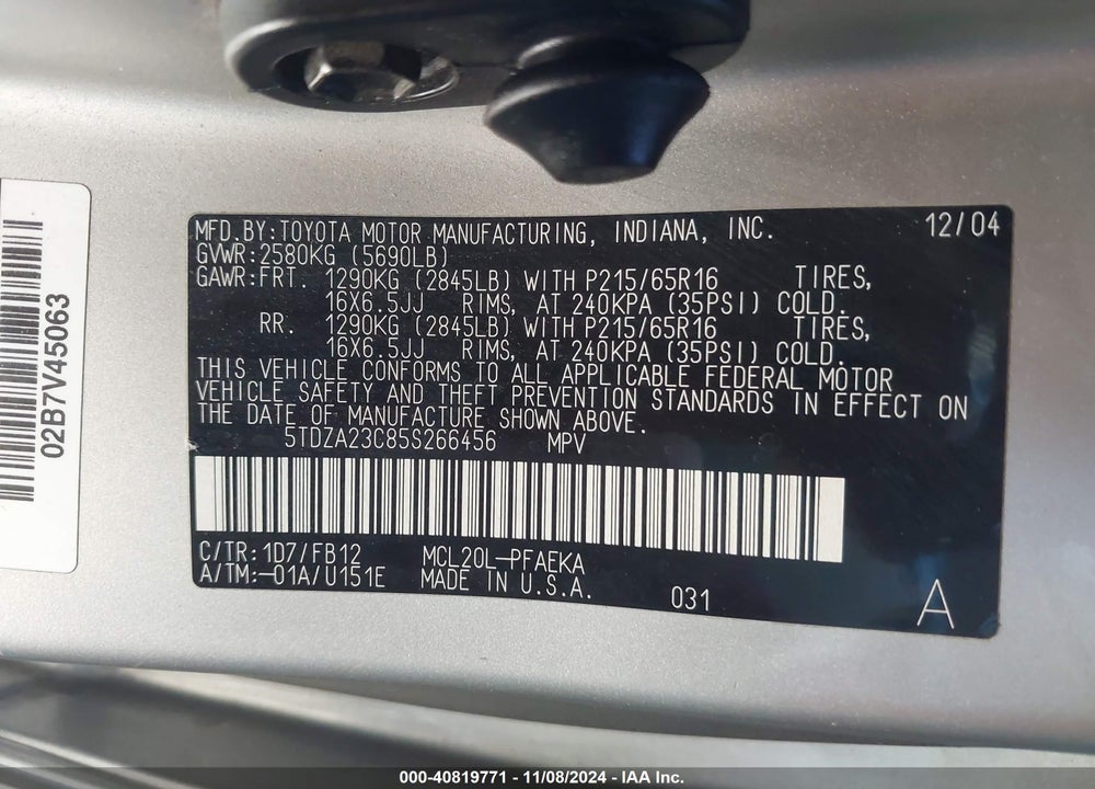 2005 TOYOTA SIENNA CE/LE VIN: 5TDZA23C85S266456