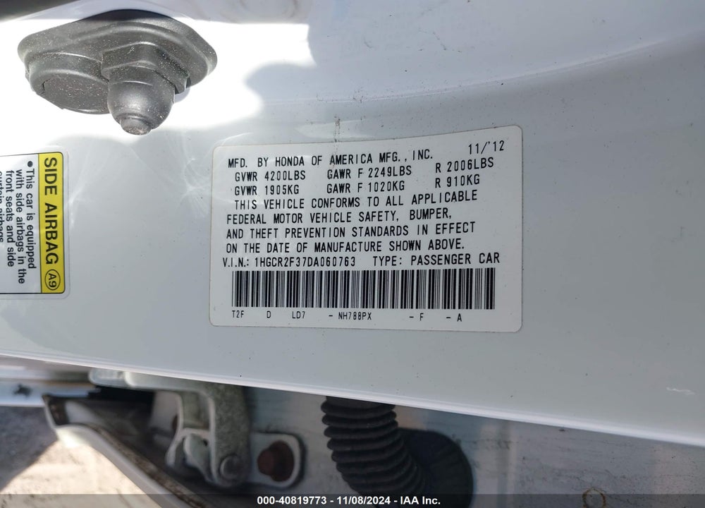 2013 HONDA ACCORD LX VIN: 1HGCR2F37DA060763