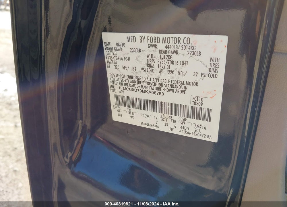 2011 FORD ESCAPE XLT VIN: 1FMCU0D79BKA06763