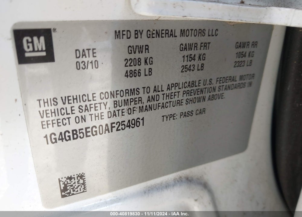 2010 BUICK LACROSSE CX VIN: 1G4GB5EG0AF254961
