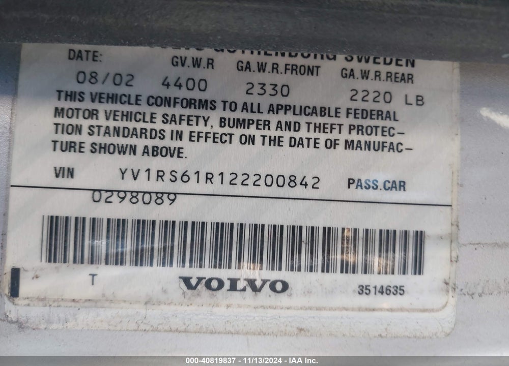 2002 VOLVO S60 2.4 VIN: YV1RS61R122200842