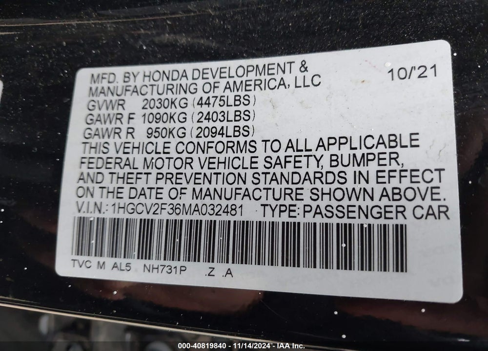 2021 HONDA ACCORD SPORT 2.0T VIN: 1HGCV2F36MA032481