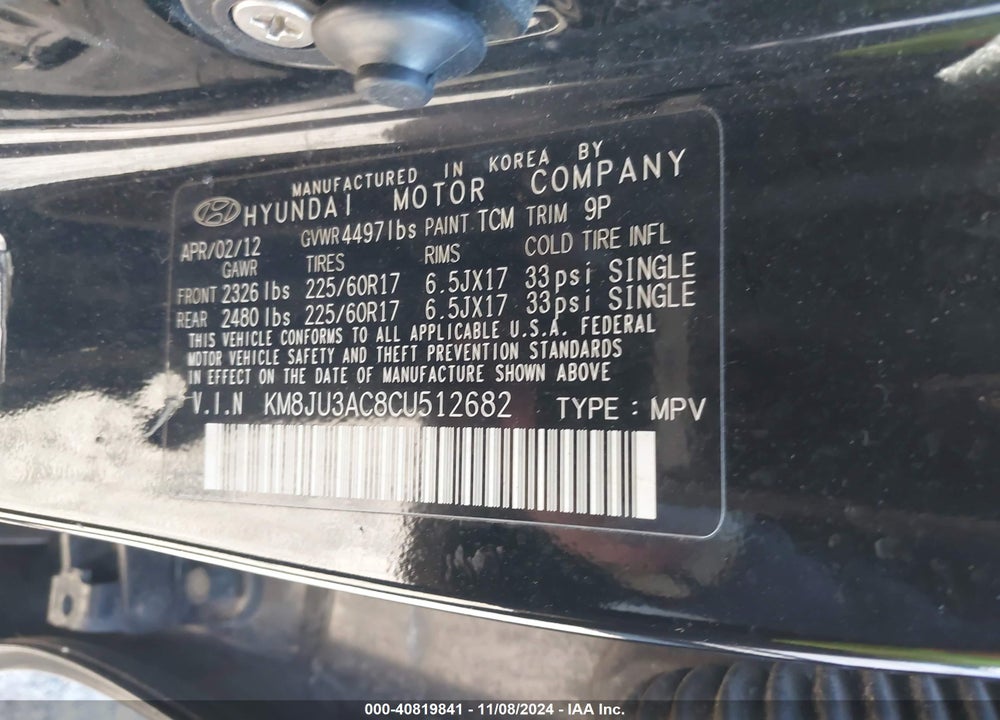 2012 HYUNDAI TUCSON GLS VIN: KM8JU3AC8CU512682