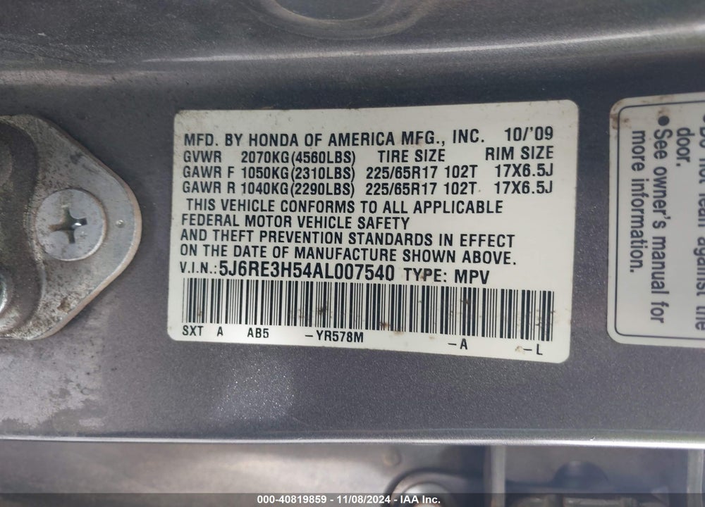 2010 HONDA CR-V EX VIN: 5J6RE3H54AL007540