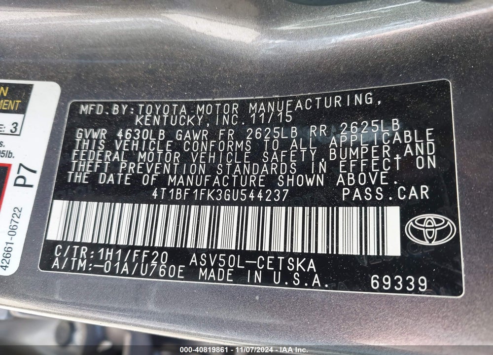 2016 TOYOTA CAMRY SE VIN: 4T1BF1FK3GU544237